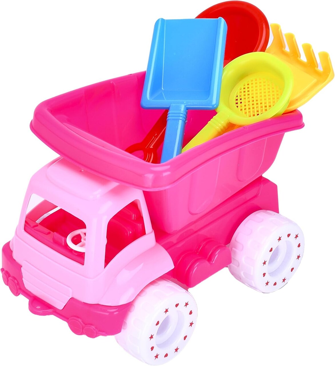 Summer Beach Dump Truck - Sand Toy Set of 5 - Kids Dump Truck - 4 Multicolored Shovels and 1 Pink Sand Truck (5.9" H x 8.2" L x 5.7" W) - Ideal for Sandcastles & Outdoor Adventures